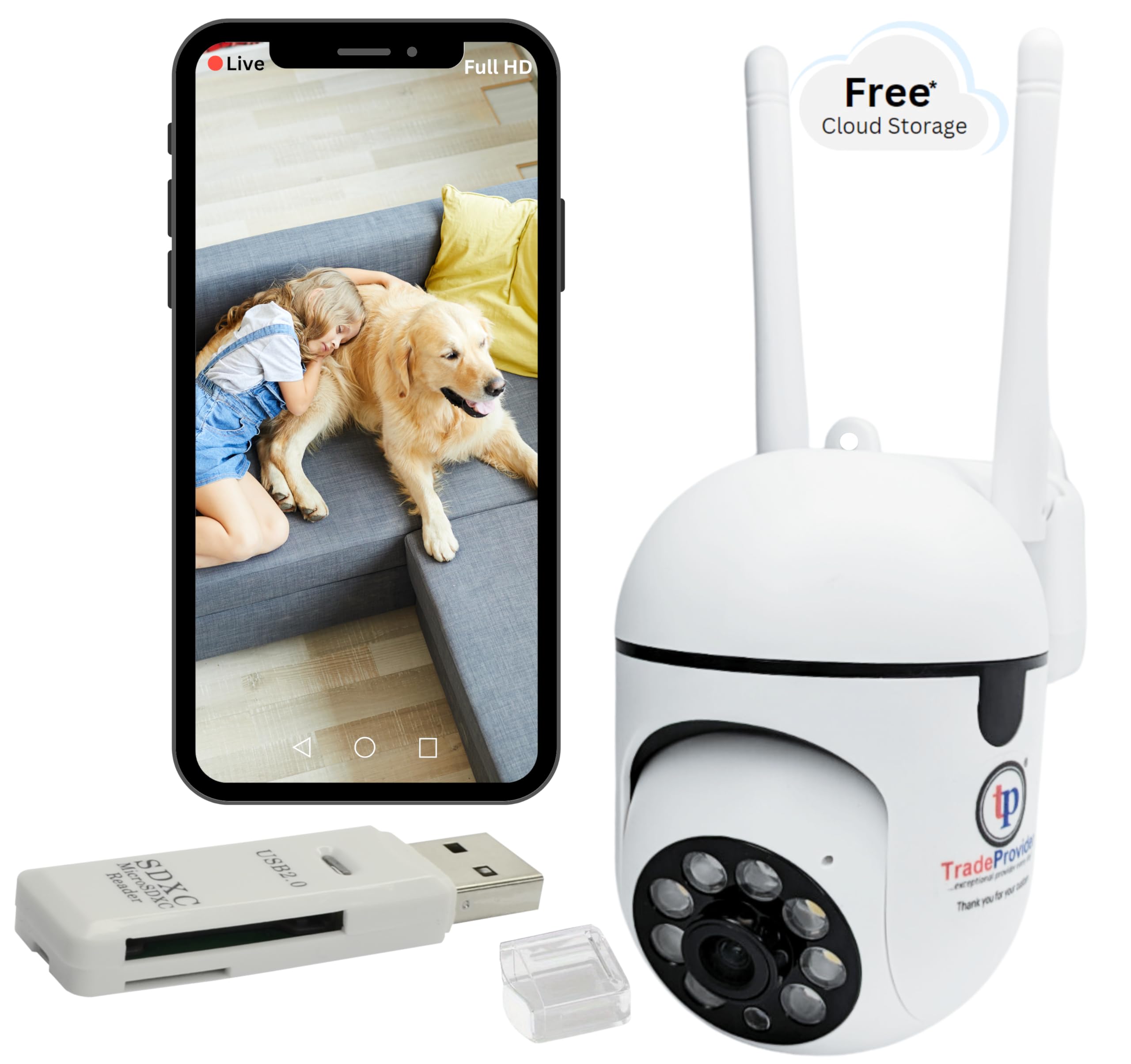 TradeProvider® Wifi Security Camera CCTV Pet Dog Cat Baby Camera Free Cloud Storage & SD/TF Card Reader AI Motion Detection 1080P Dome Camera PTZ Night Vision 2-Way Audio Home Security (White)