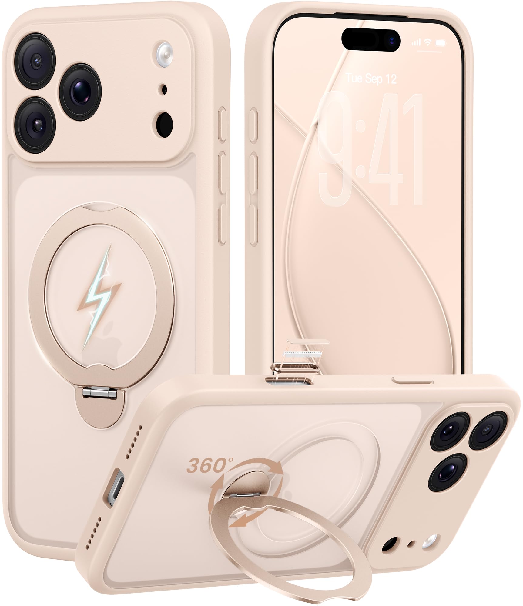 GolbinBox 360° Spin Magnetic Stand for iPhone 17 Pro Max Case, [Compatible with MagSafe] [Full Camera Protection] [16FT Military Drop Protection], Silm Translucent Matte Phone Case, Rose Gold