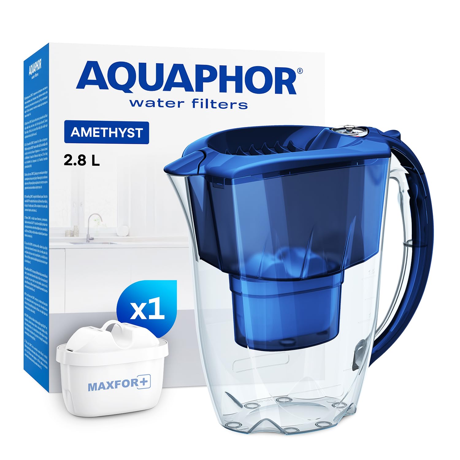AQUAPHOR Water Filter Jug Amethyst with 1 X MAXFOR+ 200L Cartridge - Capacity 2.8L - Blue