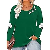 QAUN Plus Size St Patricks Day Shirt Women Shamrock Graphic Tees Lucky Tshirt Irish Long Sleeve Tops
