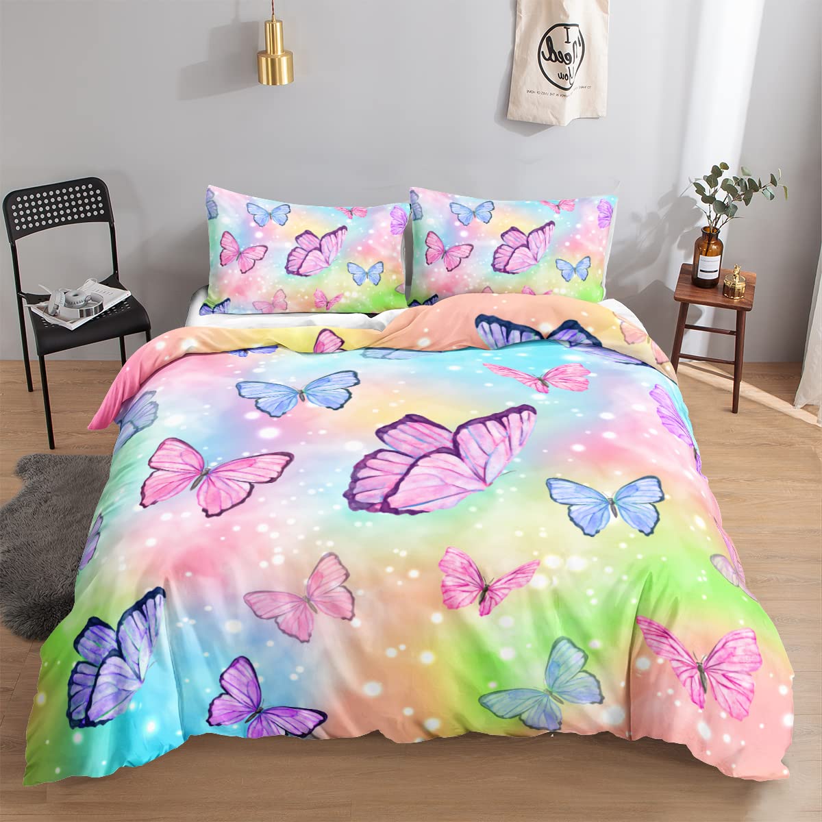 HOSIMA Butterfly Duvet Covers Bedding Set for Girls, Watercolor Butterfly Pattern Colorful Print Comforter Cover with 2 Pillowcases(Watercolor King) — image 1