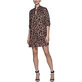 Calvin Klein Womens Black Smocked Ruffled Unlined Tie Neck Printed 3/4 Sleeve Split Short A-Line Dress Petites 2P
