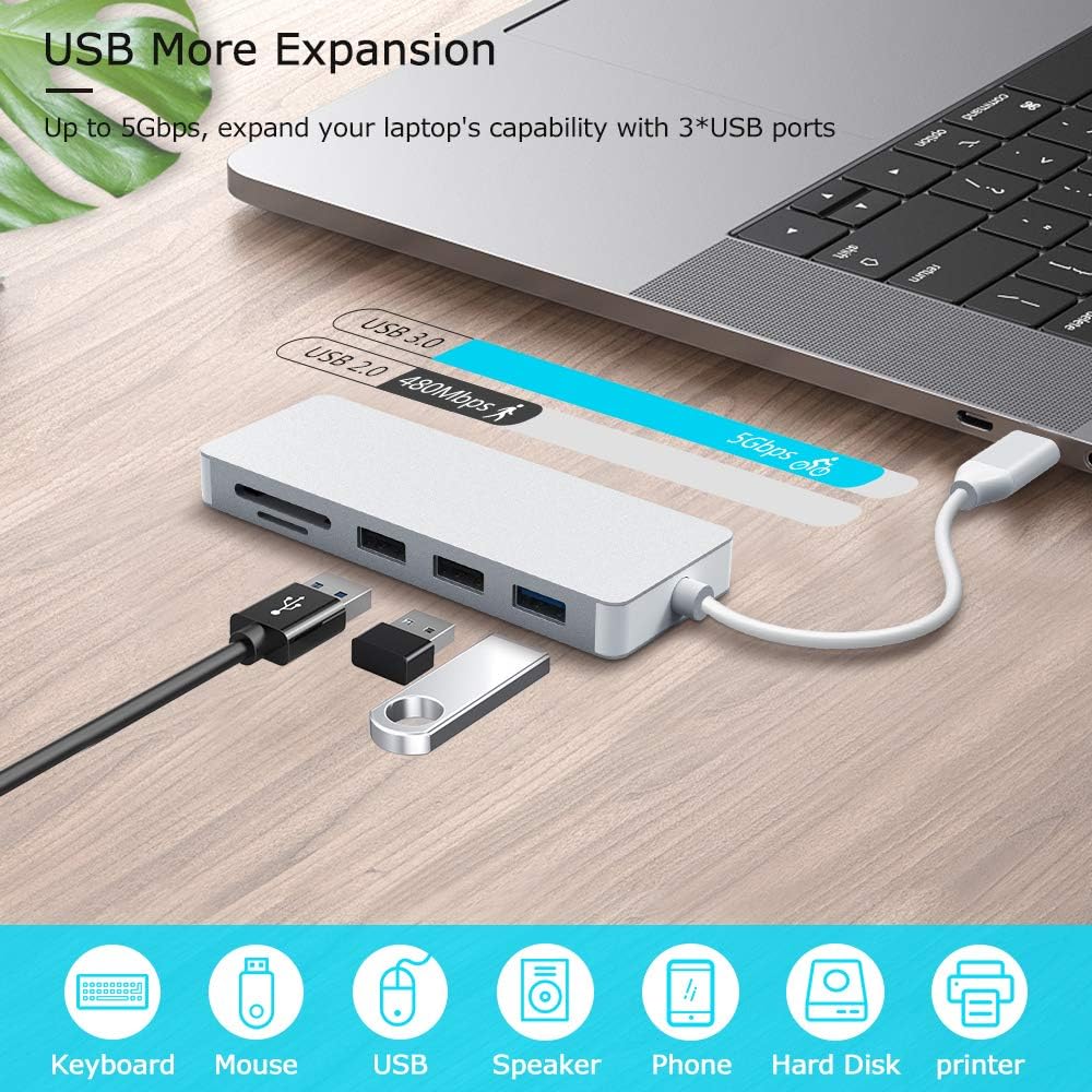 USB C HUB, 7 in 1 MacBook Pro 13/15 Inch Adapter Accessories with USB 3.0/2.0 Ports, TF/SD Card Reader, 4K HDMI Port, USB C Power Delivery, Compatible with MacBook Air/MacBook Pro 2017-2019 (Silver): Computers & Accessories