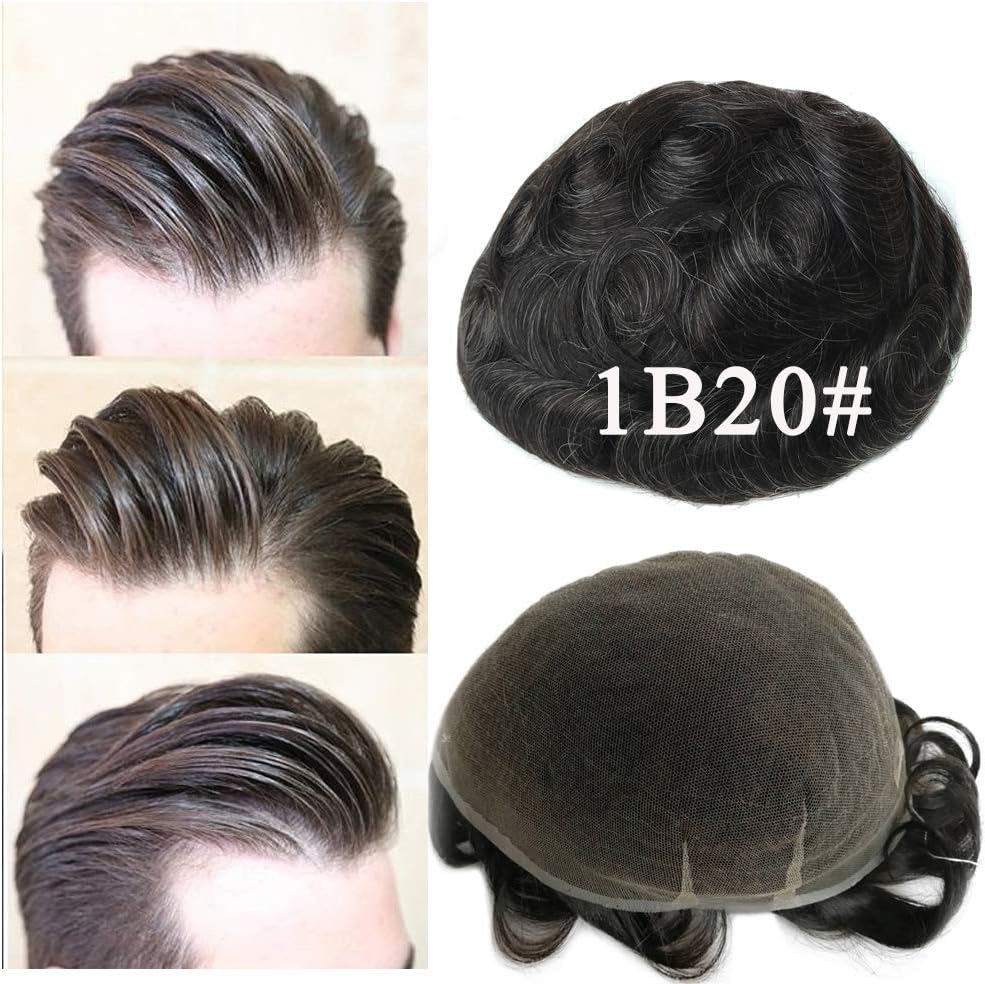 Hairnotion Thick Hair Full French Lace Hair Systems for Men 8x10 Inch Off Black #1b with 20% Gray Hair Toupees for Men