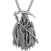 HZMAN Santa Muerte Necklace for Men Stainless Steel Gothic Grim Reaper Saint Death Sickle Skull Pendant Necklace Jewelry Gift