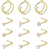 Vegolita 12PCS 20G G23 Titanium Nose Rings for Women Men Double Nose Rings Hoops for Sensitive Skin L Shaped Nose Studs Hypoallergenic CZ Ball Nose Piercing Jewelry