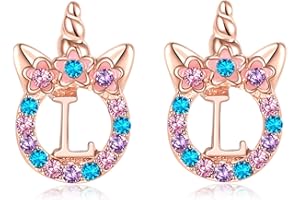 TRWWELL Cute Rose Gold Silver Initial Unicorn Hypoallergenic Stud Earrings Rhinestone Initial Letter Stud Earrings for Girls Unicorns Jewelry Gifts for Kids Toddler