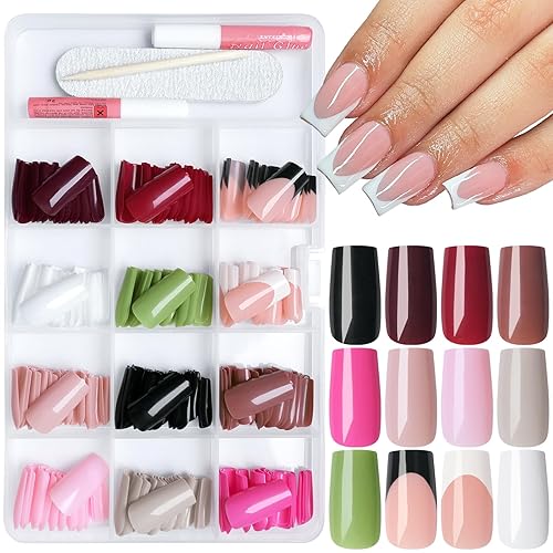 Bellelfin Press on Nails Medium, 288Pcs Glossy Square Fake Nails Kit with Glue and Jelly Tabs, 12Sizes Acrylic Nails Press on Full Cover Artificial False Nails for Women Girls Fingernails Design