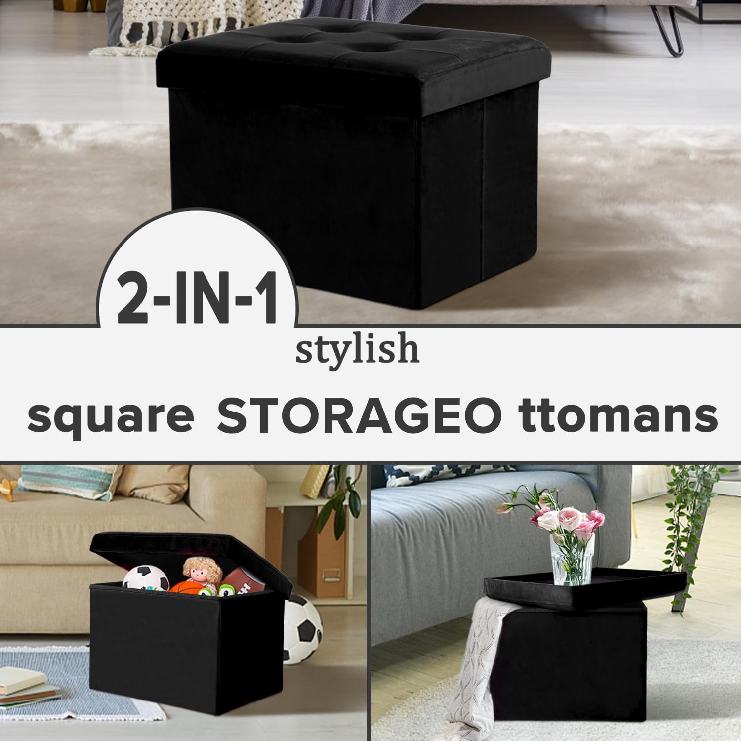 LINMAGCO Storage Ottoman Folding Foot Stool Velvet Ottoman Foot Rest with Padded Modern Ottoman with Storage for Living Room Puppy Step Stool 17x13x13in(Black) - Image 7