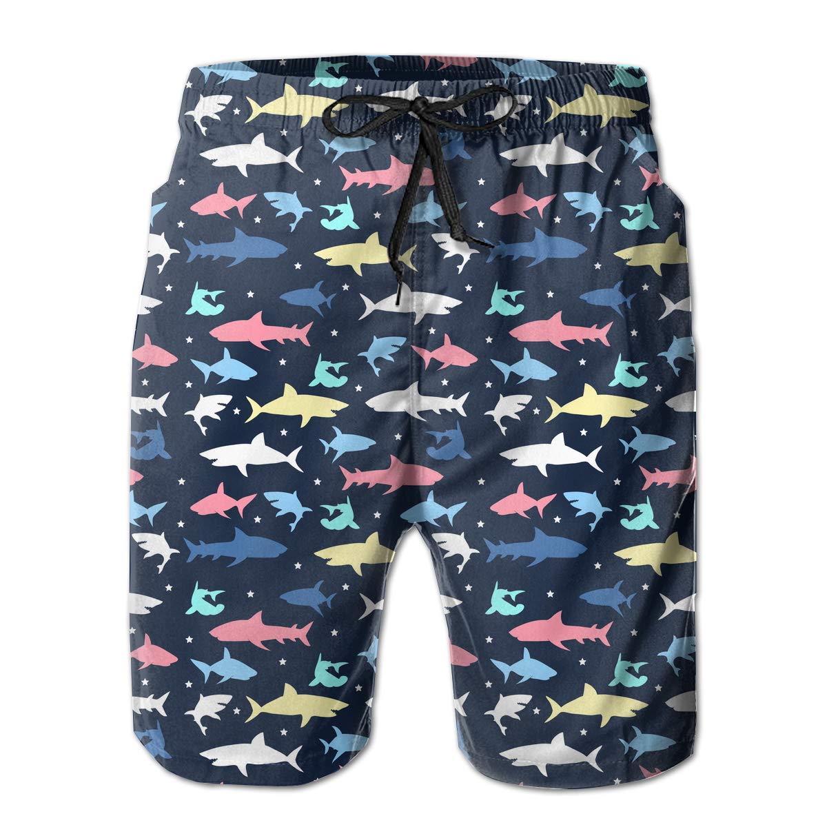 Colorful Shark Pattern Mens Lightweight Boardshorts Dry Fit Pockets Beachwear