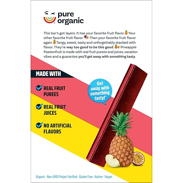 PURE ORGANIC, LAYERED FRUIT BARS, PINEAPPLE PASSIONFRUIT, GLUTEN FREE AND VEGAN FRUIT SNACKS, 6.2OZ BOX (12 COUNT)