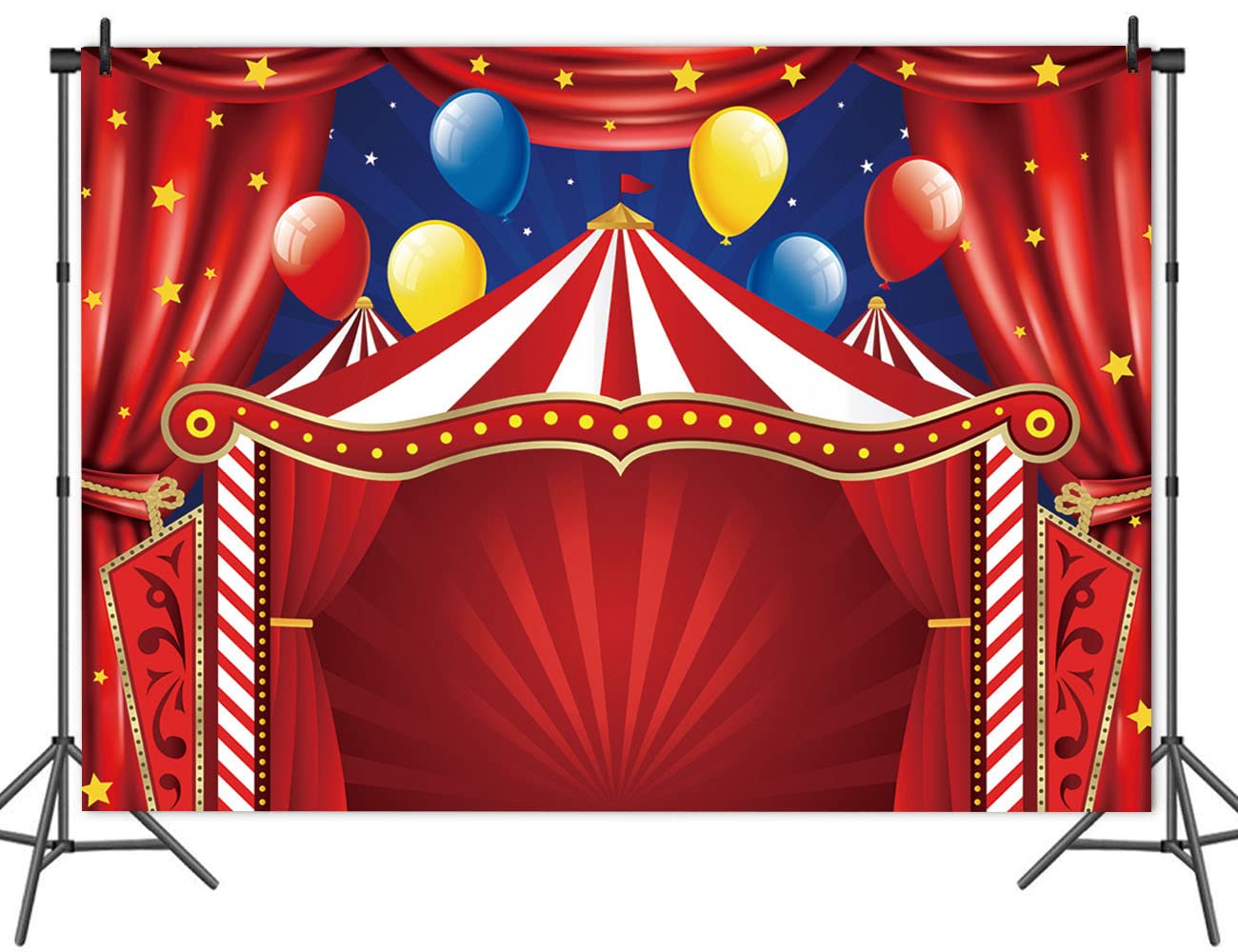 Photo 1 of Qian 8x6ft Red Circus Carnival Backdrop Curtain Stars Photo Background Newborn Baby Shower Banner Supplies for Children Big Top Circus Themed Birthday Party Photography