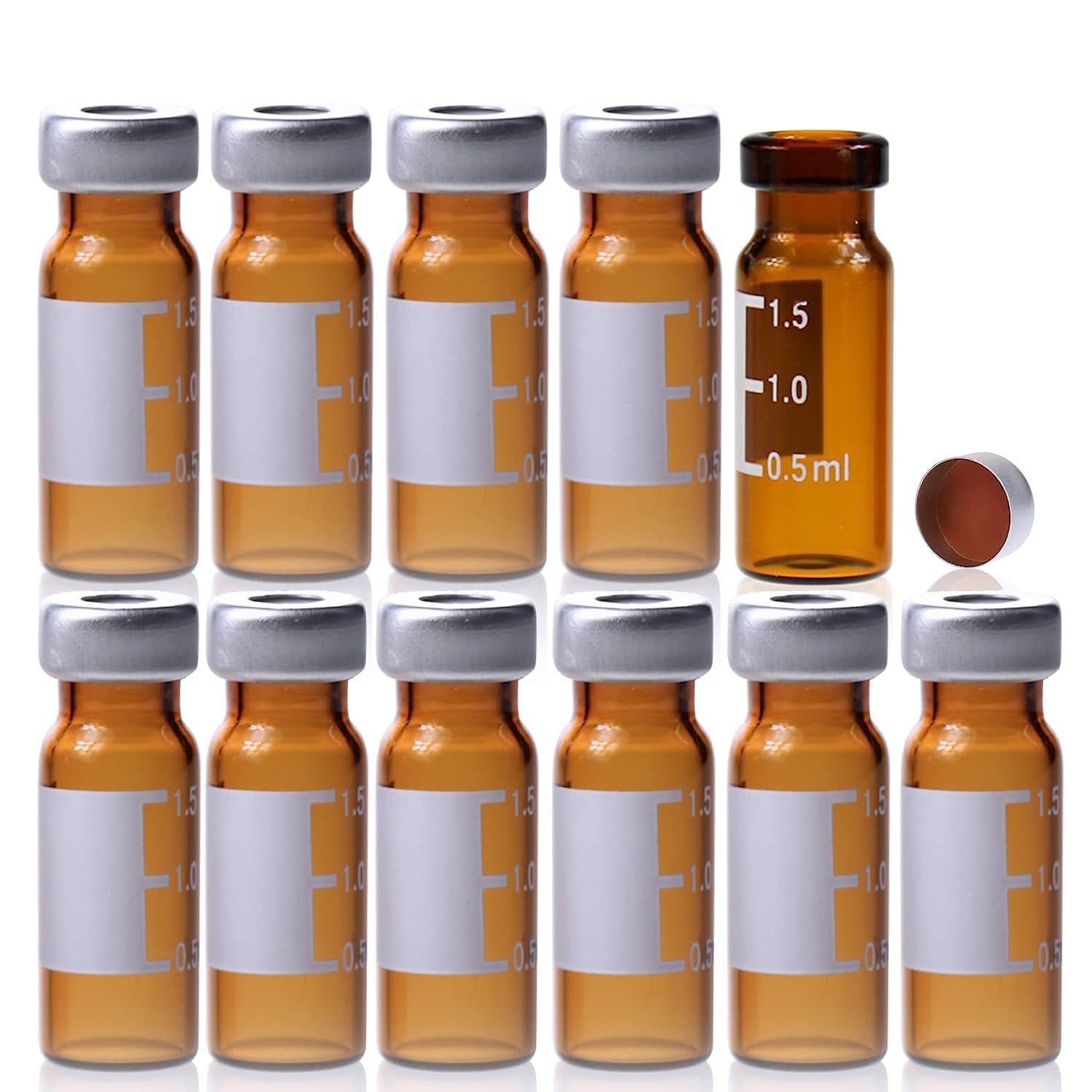 100 Pcs Amber Glass Flat Base Vial, 11mm Wide Opening Crimp Top Vial 2 mL, Crimp Cap with Transparent PTEF/Natural Rubber red-orange Septa