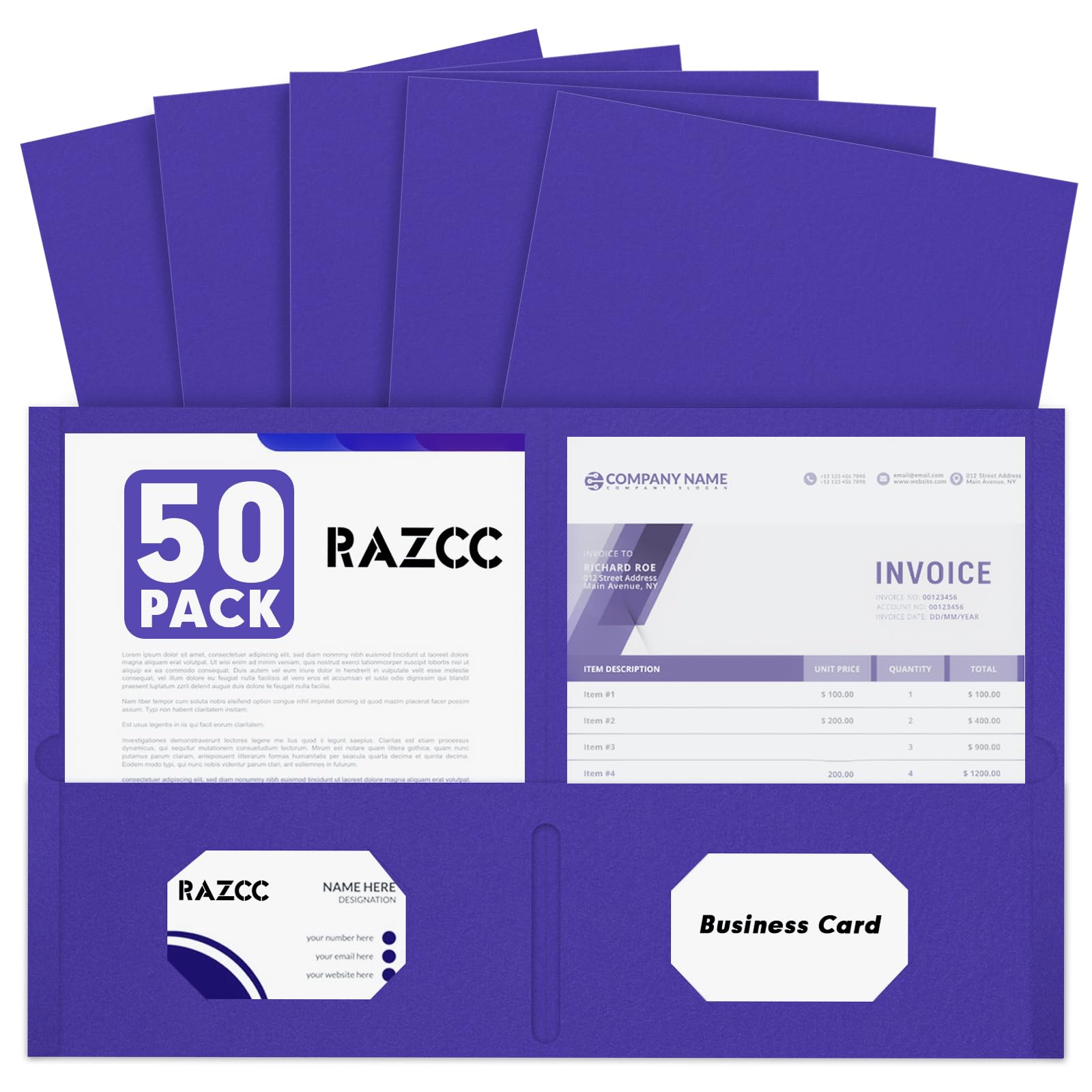 Photo 1 of Two Pocket Folders, RAZCC 50 Pack 2 Pocket Folders Fit Letter Size Paper, Paper Folders with Pockets for School Office Business Home, Purple