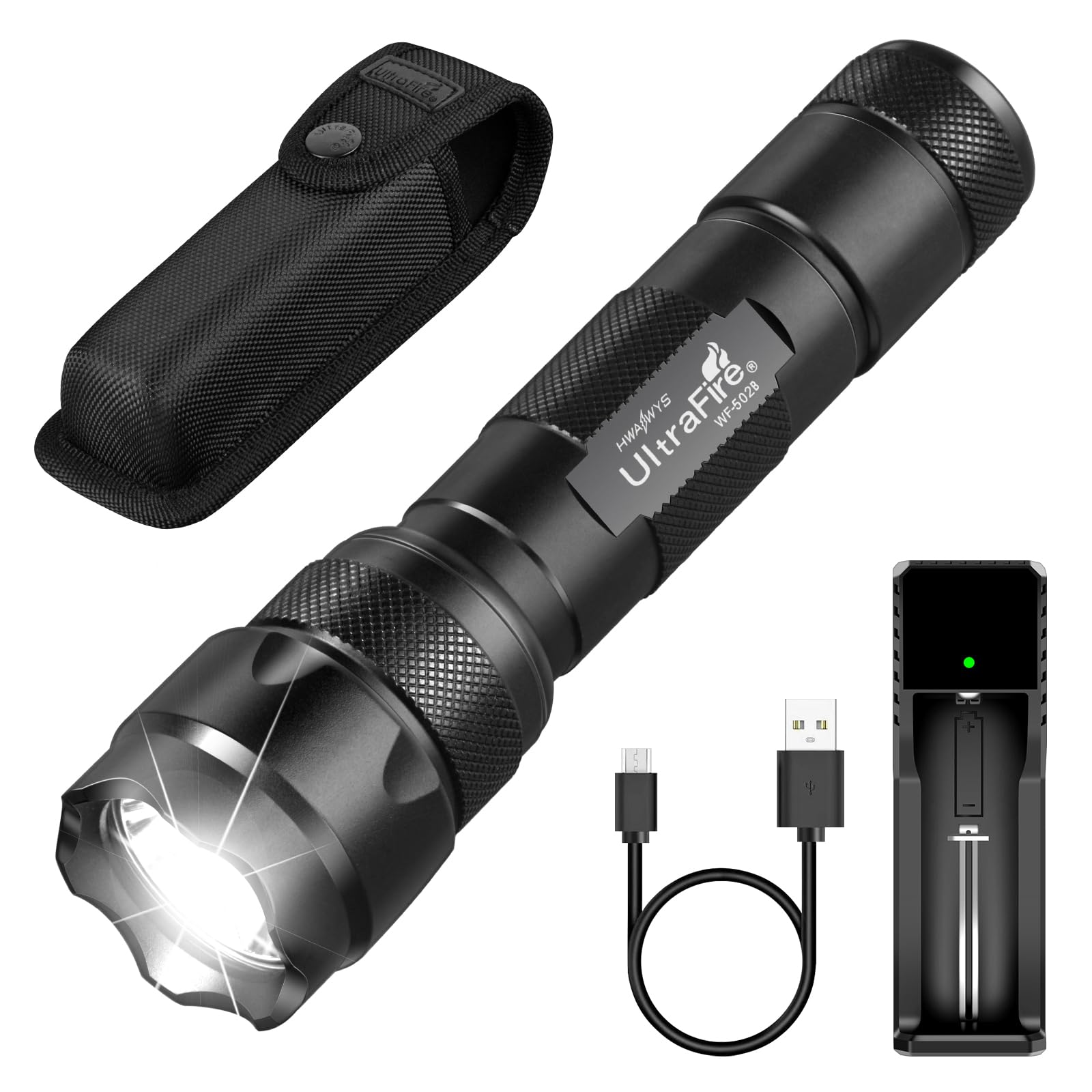 ULTRAFIRE Tactical Torch with Holster, 1000 Lumens Single Mode LED Torch with Pouch for Duty Belt, Bright Small EDC Flashlight for Camping, Security, Law Enforcement, Patrol, WF-502B