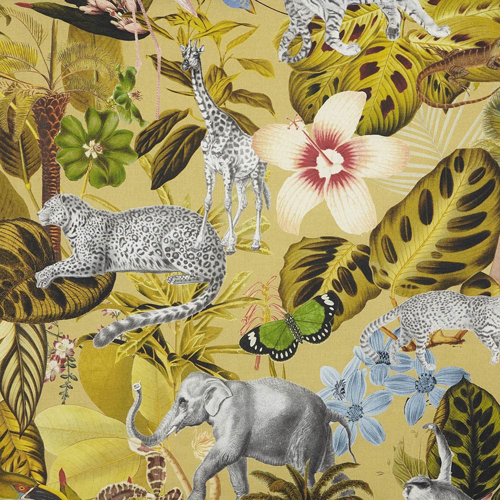 Kt KILOtela - Digital Printed Canvas Fabric, Half Panama Organic Cotton, Upholstery, Pillows, Tote Bag, Apron, Drapery, 100 cm Length x 280 cm Width, Wild Fauna, Yellow Green, Multicolour ─ 1 metre — image 1