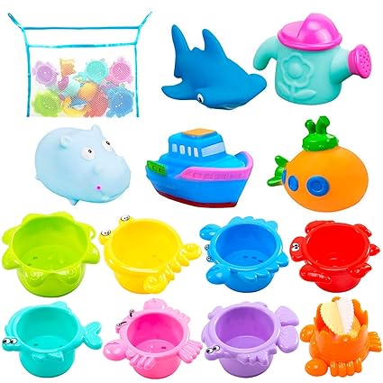Bath Toys and Stacking Toys for Toddlers- 6 Multi-Size Stacking Cups, 4 Squirt Squeaker, 1 Submarine Toys and 1 Mesh Net Bath Toy Organizer