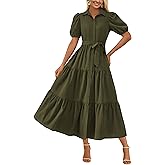 MASCOMODA Womens Summer Dresses 2025 Short Sleeve Maxi Dress Casual V Neck Button Down Tiered A Line Flowy Midi Shirt Dress