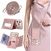 DEYHU for iPhone 13 Pro Max Case with Card Holder and Strap for Women,Crossbody Lanyard, Make Up Mirror,Ring Stand,Snap Clasp,Cute Phone Wallet Cases 6.7 inch - Dark Rose Gold