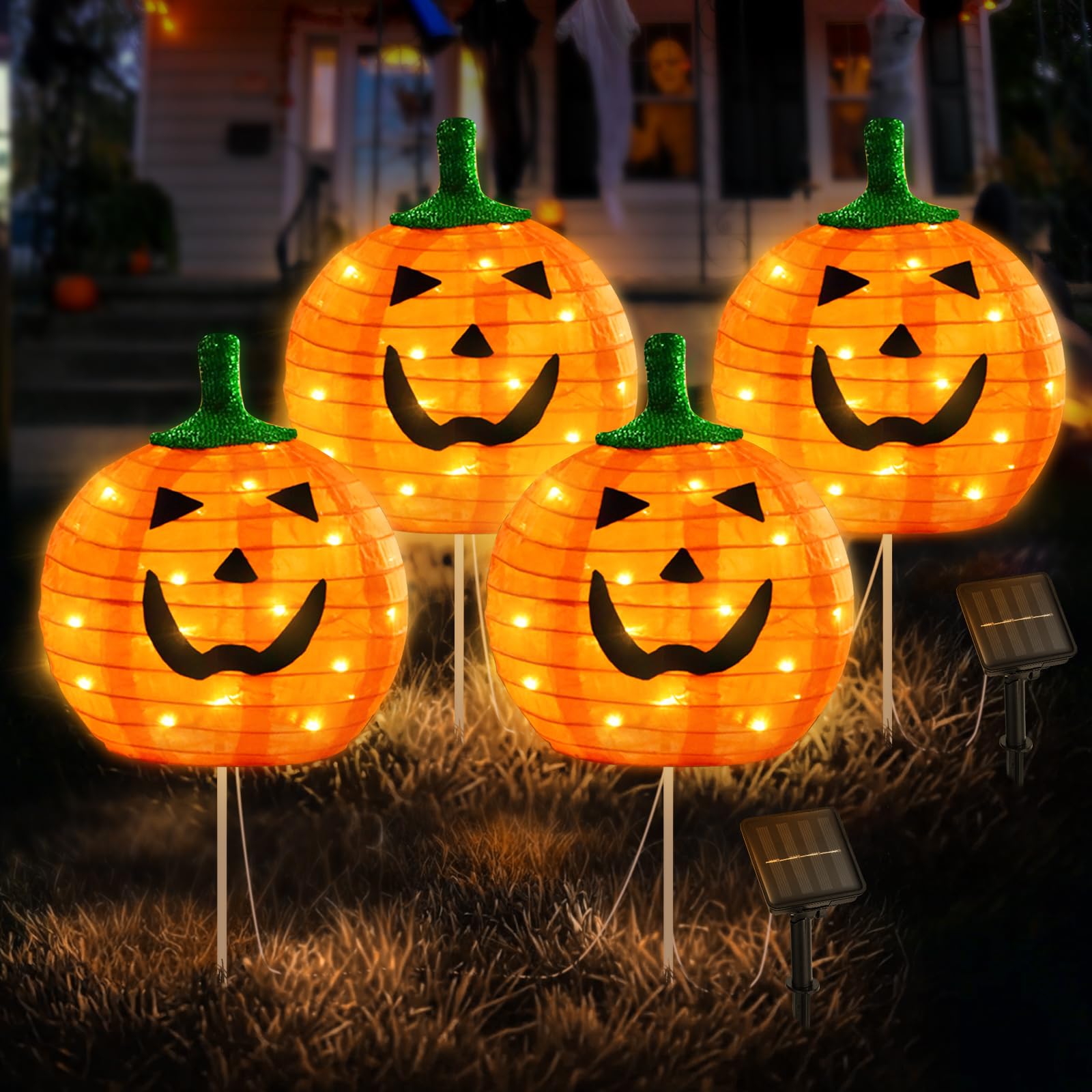 Photo 1 of Halloween Large Pumpkin Pathway Lights, 4PCS 3D Pumpkin Stake Path Lights, Outdoor Pumpkin Shaped Pathway Garden Lights for Patio Yard Lawn Walkway Halloween Decor