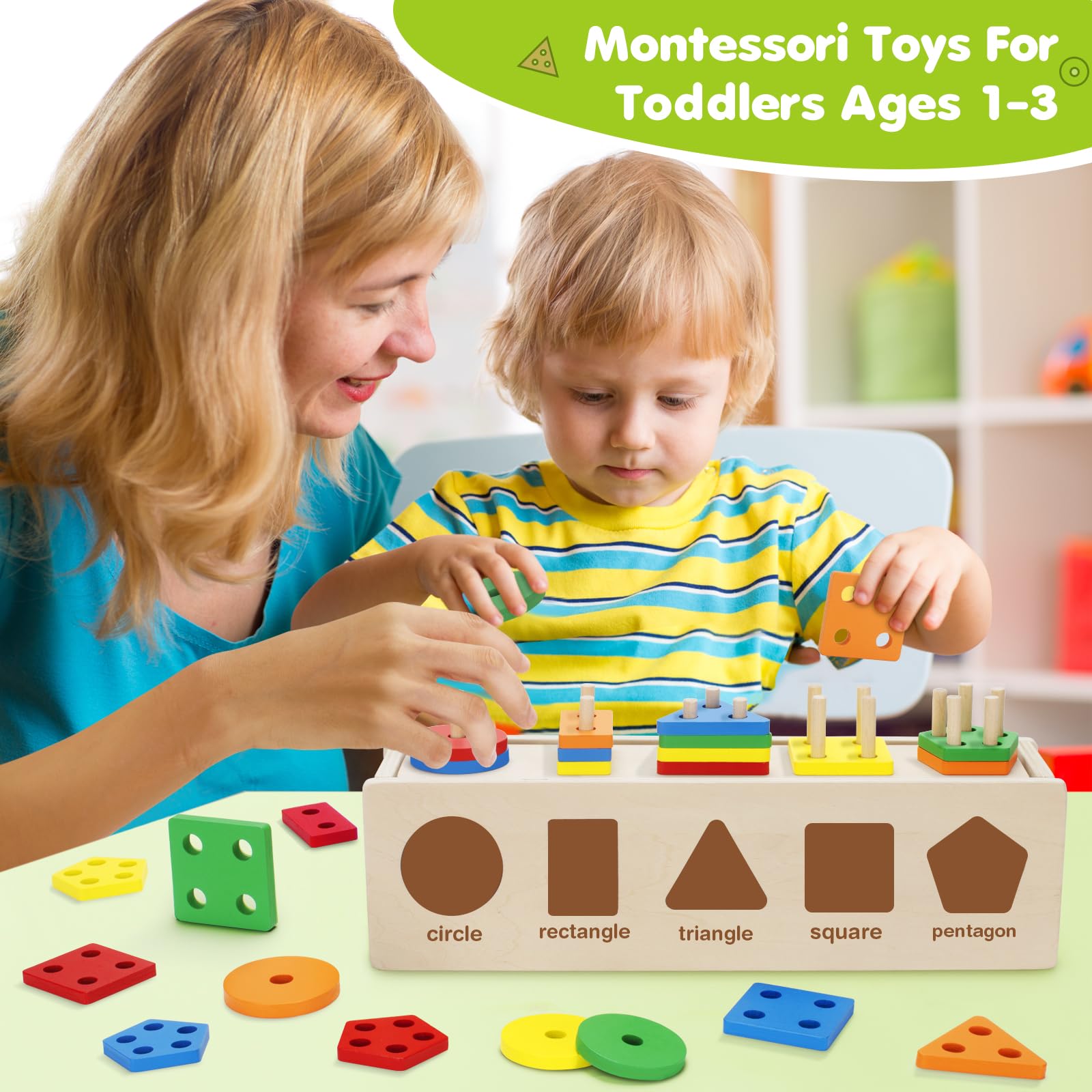 VOpitos Montessori Toys for Toddler 1+ Year Old, Wooden Color & Shape
