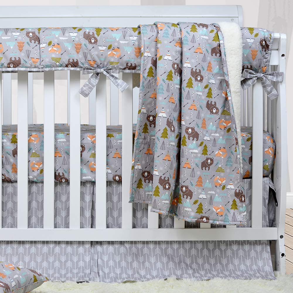 Brandream Crib Bedding Sets for Boys Woodland Bear Fox Arrow Baby Nursery Bedding, 3 Pieces(Blanket + Crib Sheet + Crib Bed Skirt), 100% Breathable Cotton