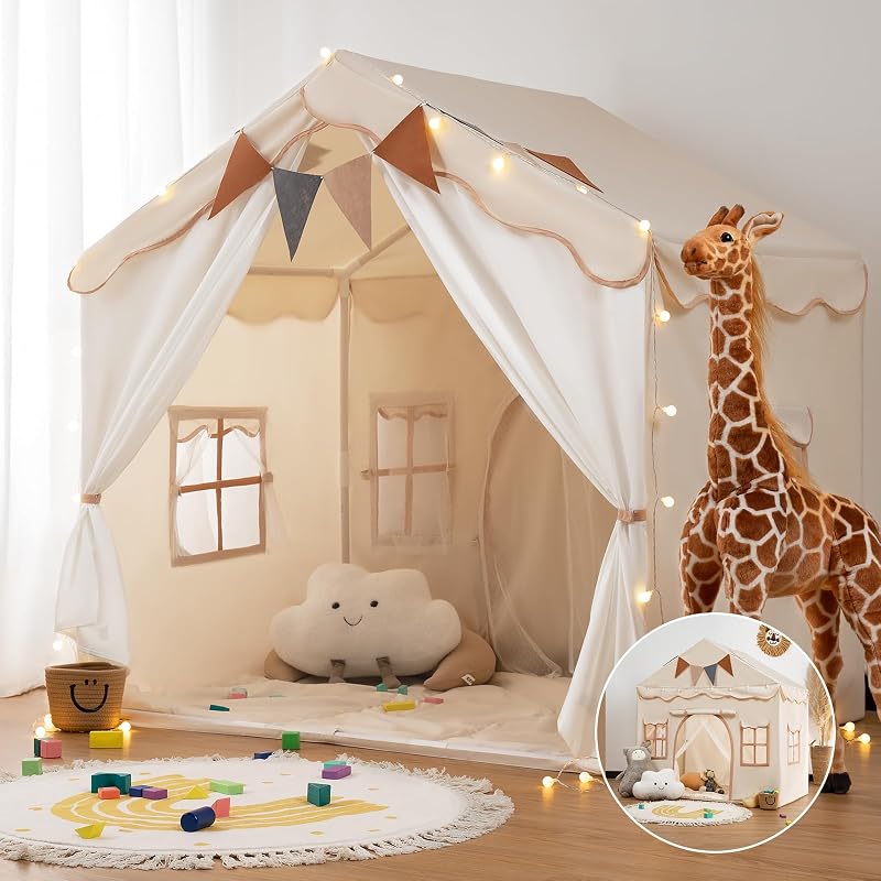 besrey 2-in-1 Kids Play House Tent with Lights Beige 130x90x130cm