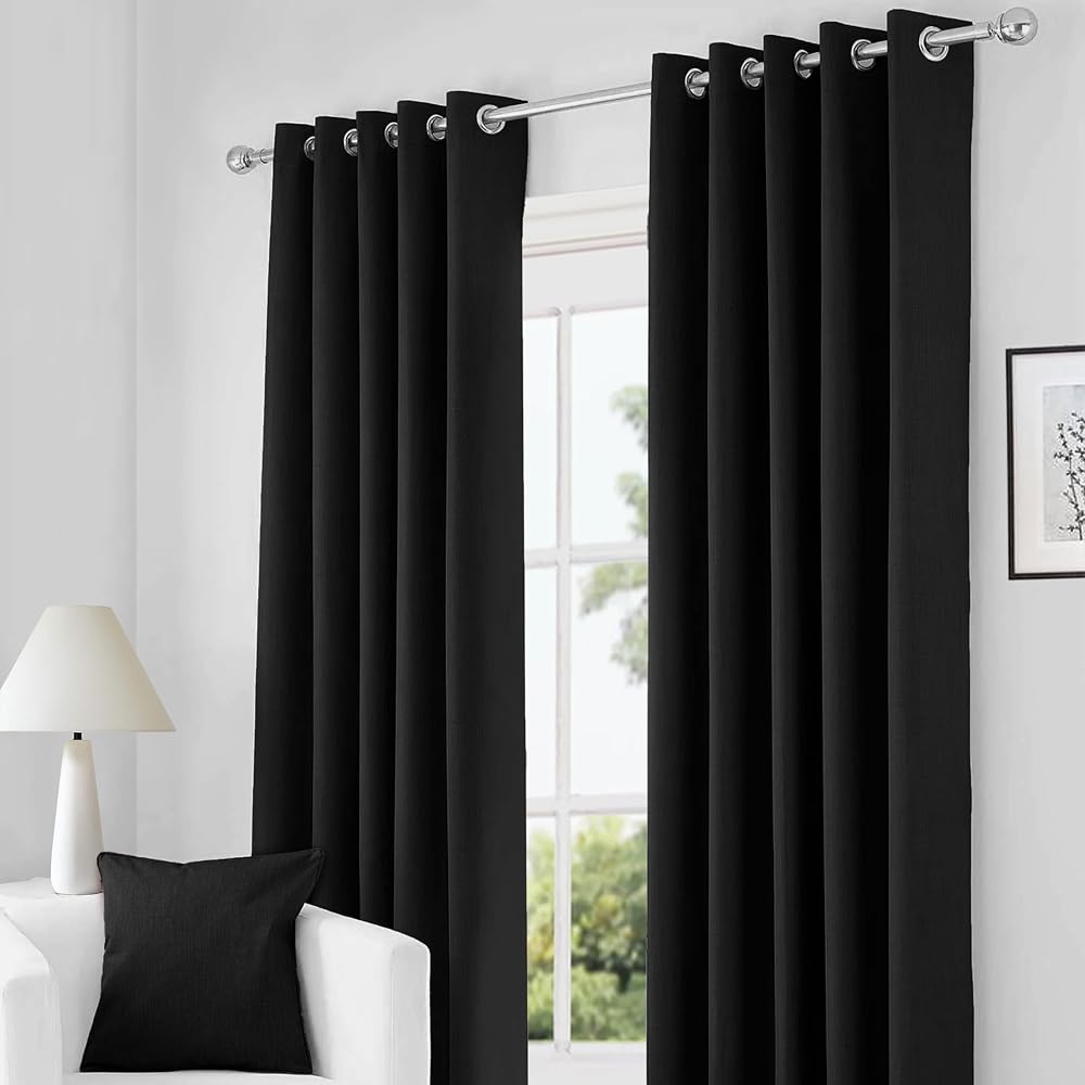 Rayyan Linen Blackout Eyelet Ring Top Curtains 46x72 Pair with Tiebacks BLACK