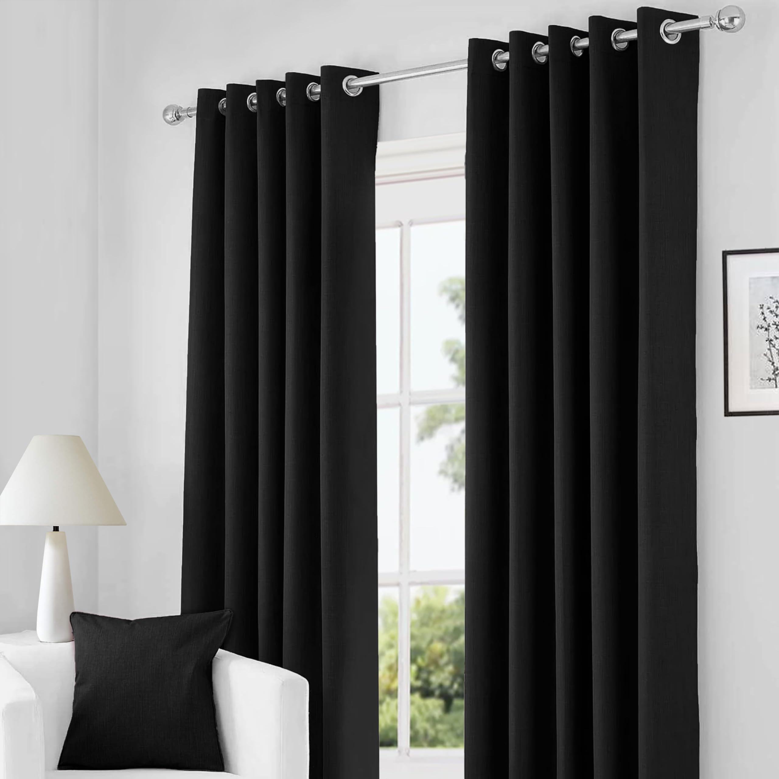RayyanLinen Readymade Blackout Thermal Eyelet Ring Top Pair of Curtains Including 2 Tiebacks (BLACK, Width 46" x Drop 54")