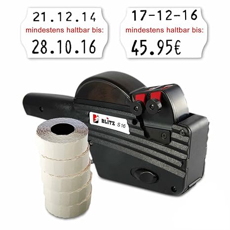 Set: MHD Datum Etikettierer Blitz S16 für 26x16 inkl. 6.000 HUTNER Etiketten weiss permanent - Aufdruck: mindestens haltbar b