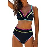 popvil High Waisted Bikini Sets for Women Tummy Control Swimsuits Neon Two Piece V Neck Drawstring Bathing Suits 2026
