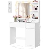 VASAGLE 31.5-Inch Vanity Desk with Mirror and Lights, Power Outlets | Modern Vanity Table, Jewelry Storage, Adjustable Shelves, Cloud White, KAILYN Collection URDT242WB03S