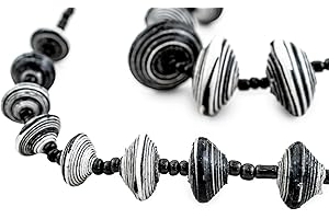 THE BEAD CHEST Recycled Paper Bead Necklace from Uganda - Fair Trade African Woman's Jewelry - Necklace with Clasp (Black & White)