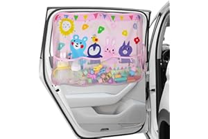 DIZA100 Car Sun Shade for Window Baby, Full Shade Car Window Shades with Storage Net Pocket Car Window Curtain 7 Suction Cups Cute Patterns for Sun/Heat/UV Rays Protection Kids (Pink-Animals)