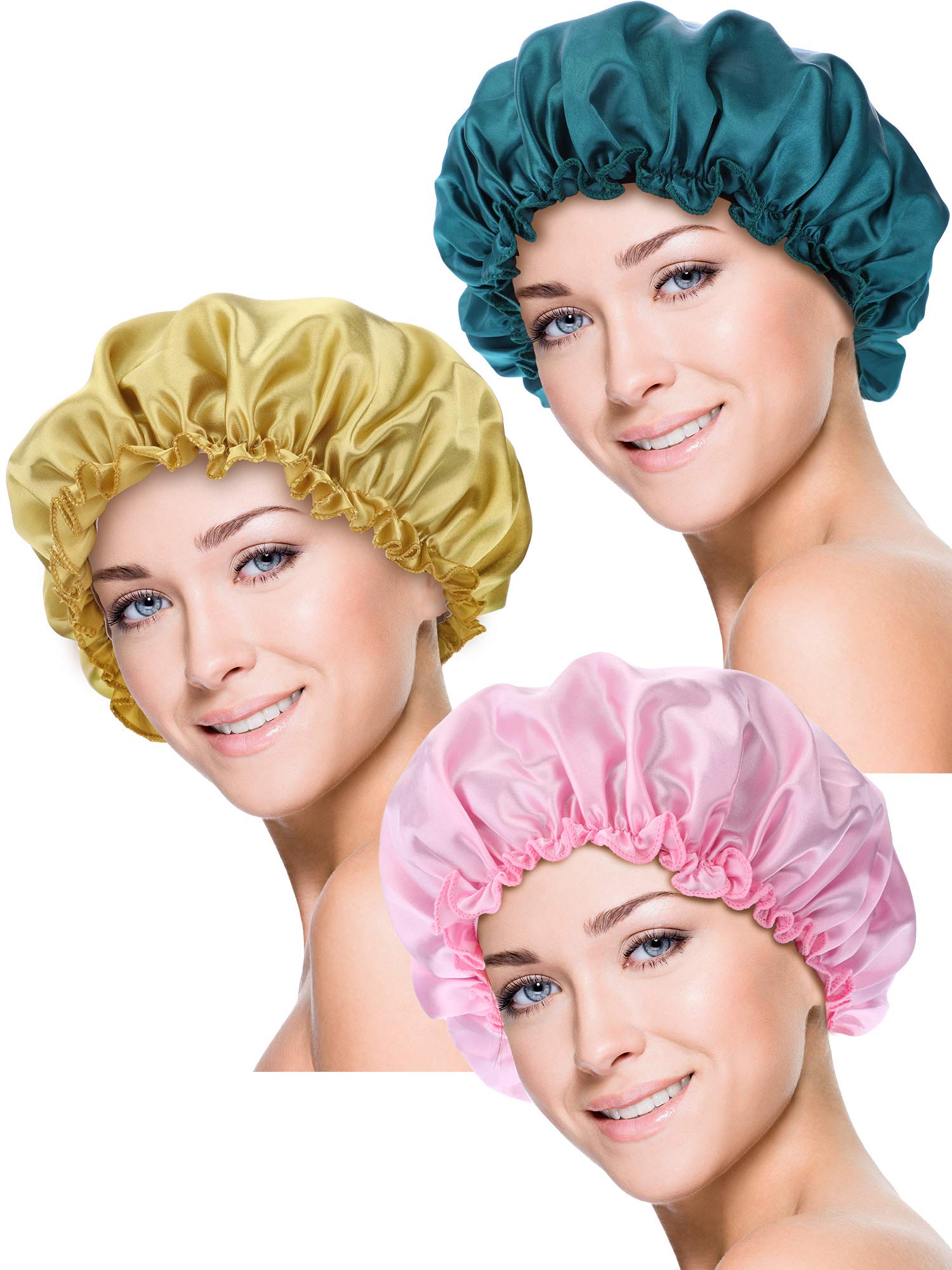 Blulu 3 Pieces Sleep Cap Satin Bonnet Night Head Cover Sleeping Soft Hair Turbans for Women and Girls. (S, Gold, Pink, Dark Blue)