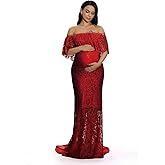 ZIUMUDY Women's Off Shoulder Ruffles Lace Maternity Gown Maxi Photography Baby Shower Dress