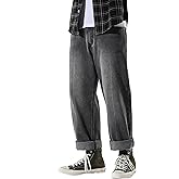DOSLAVIDA Men's Work Jeans Casual Hip Hop Cargo Solid Color Loose Fit Straight Wide Leg Cotton Denim Pants with Zipper
