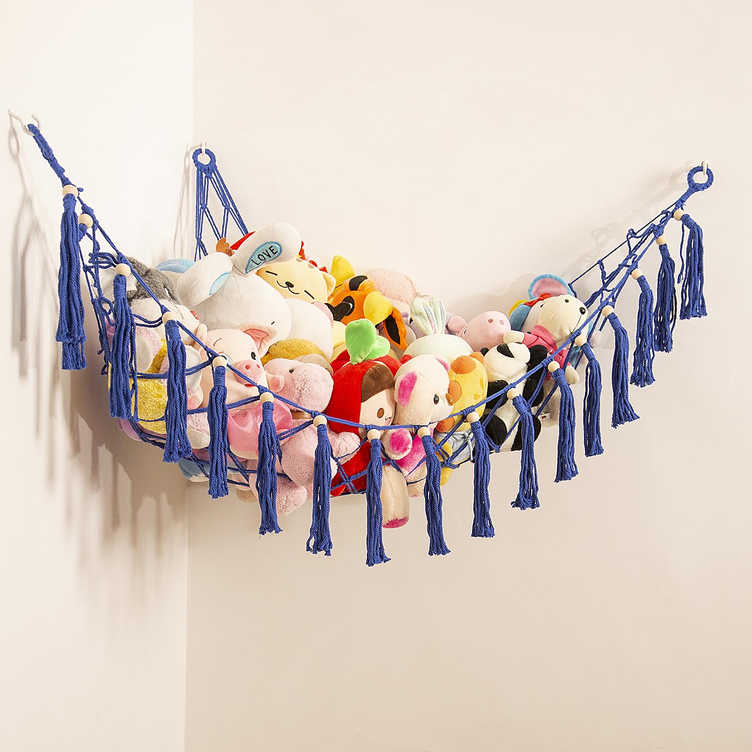 jontell Stuffed Animal Hammock Hanging Net for Soft Toy Storage Organizer Teddy Bear Net Plush Holder Boho Macrame Toy Holder-Blue
