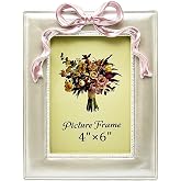 4x6 Pink Bow Picture Frame, Cute Photo Frame, Pearly White | Wall or Tabletop Display, Bow Decor for Girls Room, Resin Frame with Real Glass, Gift Ideas