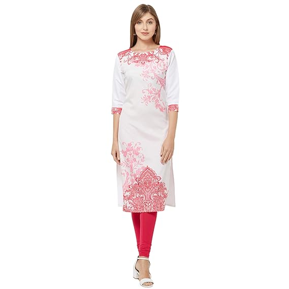 Women's White Color Crepe Print Straight Calf Length Kurti