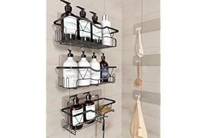 longzon Shower Caddy with 6 Traceless Adhesive, 3 Pack Shower Organizer, No Drilling Stainless Steel Shower Shelf, for Bathroom Suction Cup Storage Rack Shelves Black