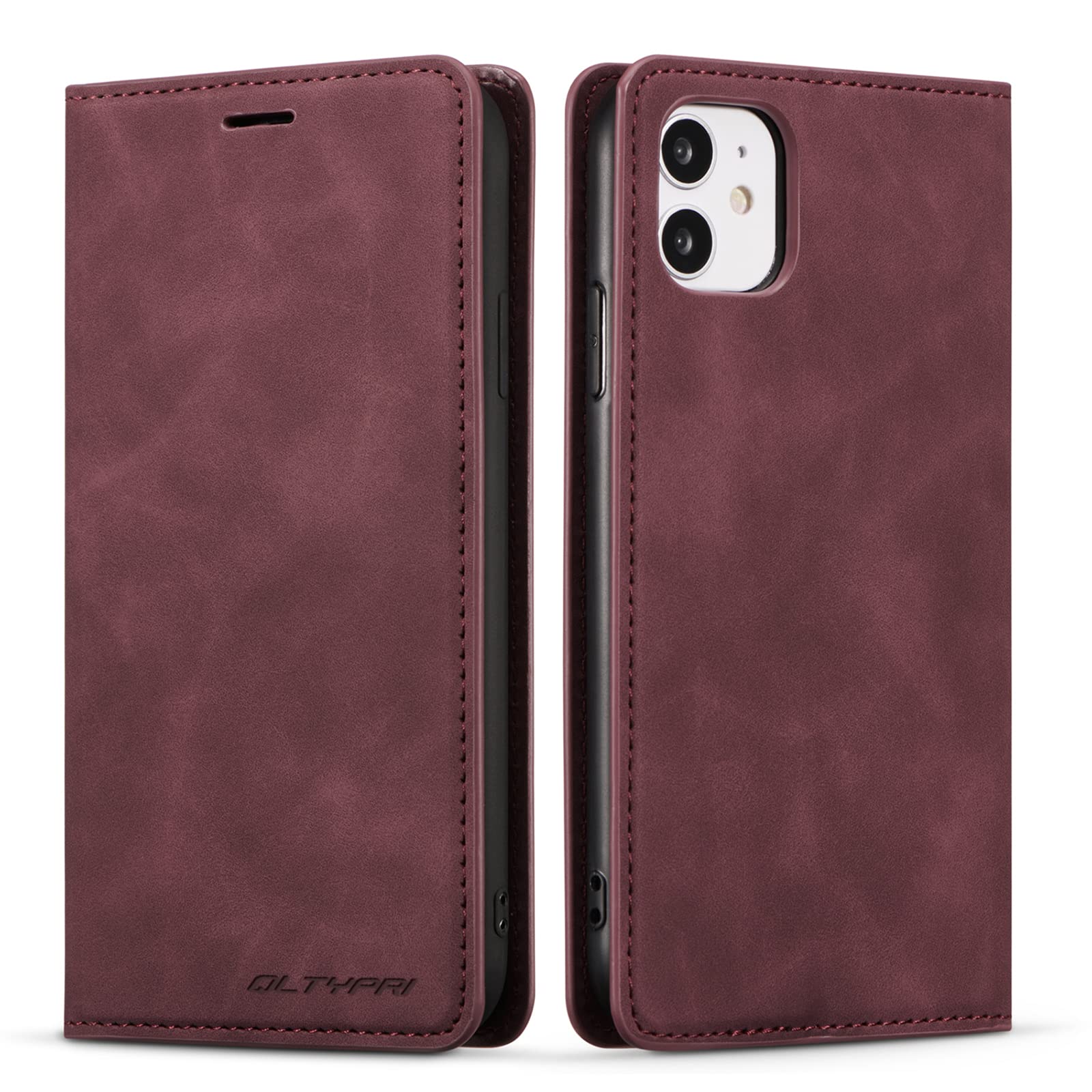 QLTYPRI Compatible with iPhone 12 and iPhone 12 Pro Case, Premium PU Leather Wallet Case with Card Holder Kickstand Hidden Magnetic Shockproof Phone Cover - Red Wine — image 1