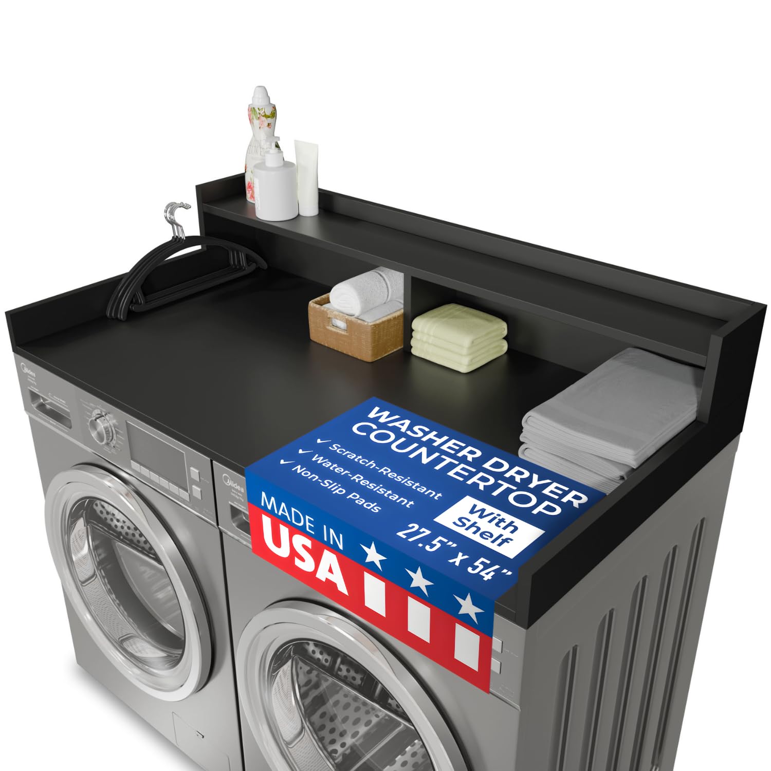Photo 1 of ***FINAL SALE, NO RETURNS***OfficeSimpli Washer Dryer Countertop with Shelf - 27.5 x 54 Inch - Made in USA Laundry Countertop Over Washer and Dryer with Non-Slip Pads, Storage Shelf, Laundry Topper Organizer, Black