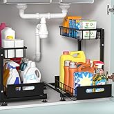 L-Shaped Under Sink Organizer, 2 Pack 2-Tier Pull Out Metal Kitchen Cabinet Organizer with Sliding Storage Drawer, Height Adjustable Heavy Duty Under Bathroom Sink Storage for Cleaning Supplies