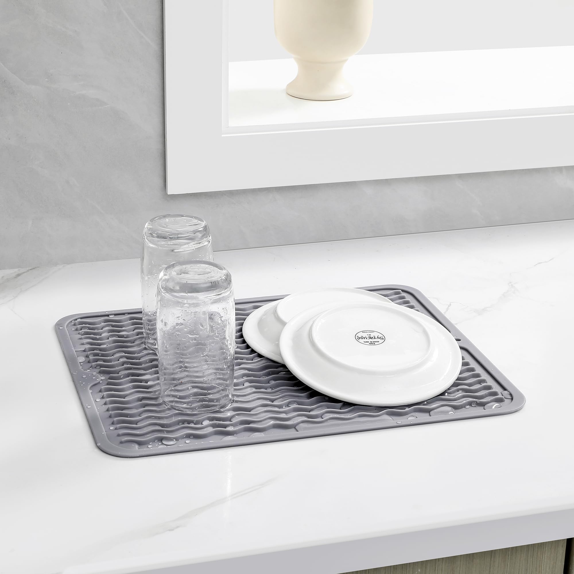 Photo 1 of **2 pak ***Silicone Dish Drying Mat, Heat-Resistant Silicone Mat, Non-Slip Easy Clean Sink Mat for Kitchen Counter, Sink, Refrigerator, or Drawer Liner - Eco-Friendly and Durable Design, Grey 15*12inch