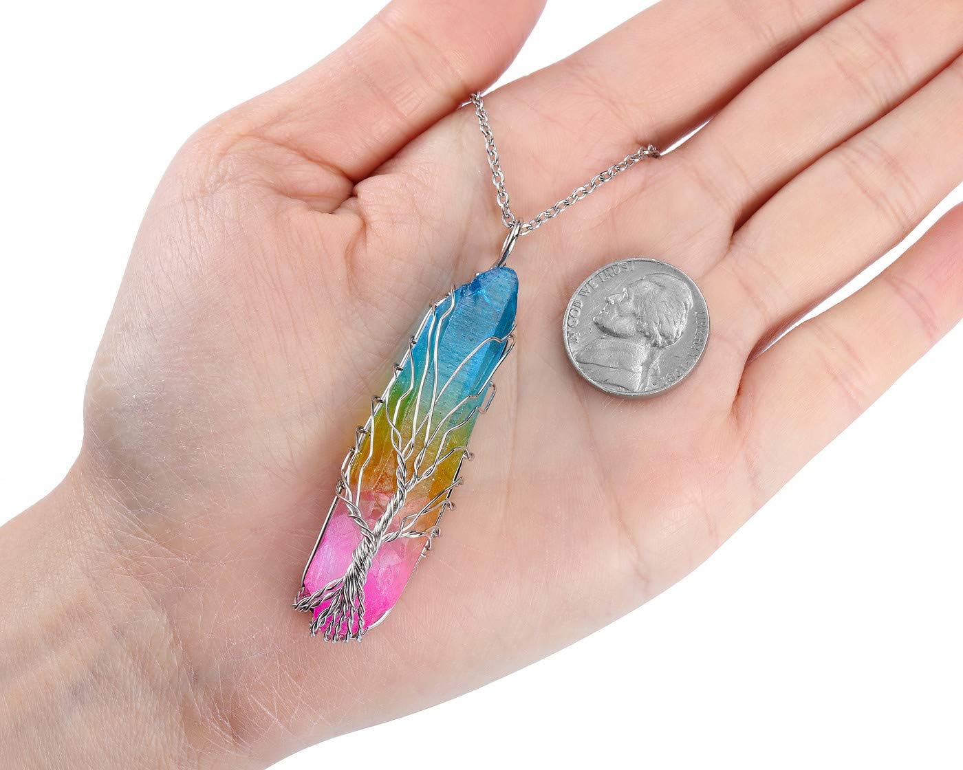 JOVIVI Natural Rainbow Quartz Tree of Life Healing Crystal Gemstone Irregular Rock Stone Chakra Pendant Necklace Silver Wire Wrap Gemstone Necklace Jewellery for Women - Image 5