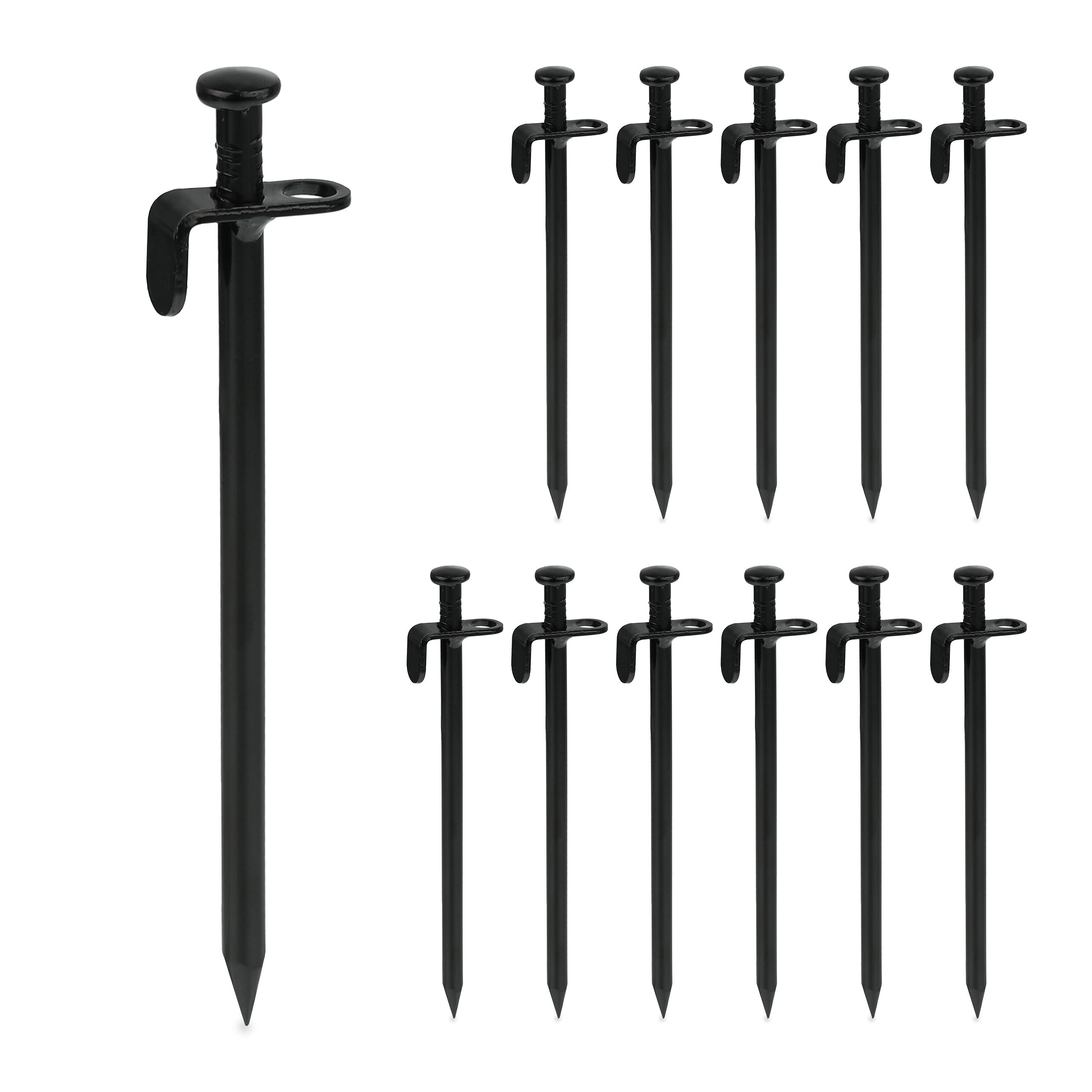 Relaxdays Tent Pegs Set of 12, Ground Anchor for Hard Soil, Camping, Stainless Steel, Hook, Set, HxWxD 20x4x1.5cm, Black