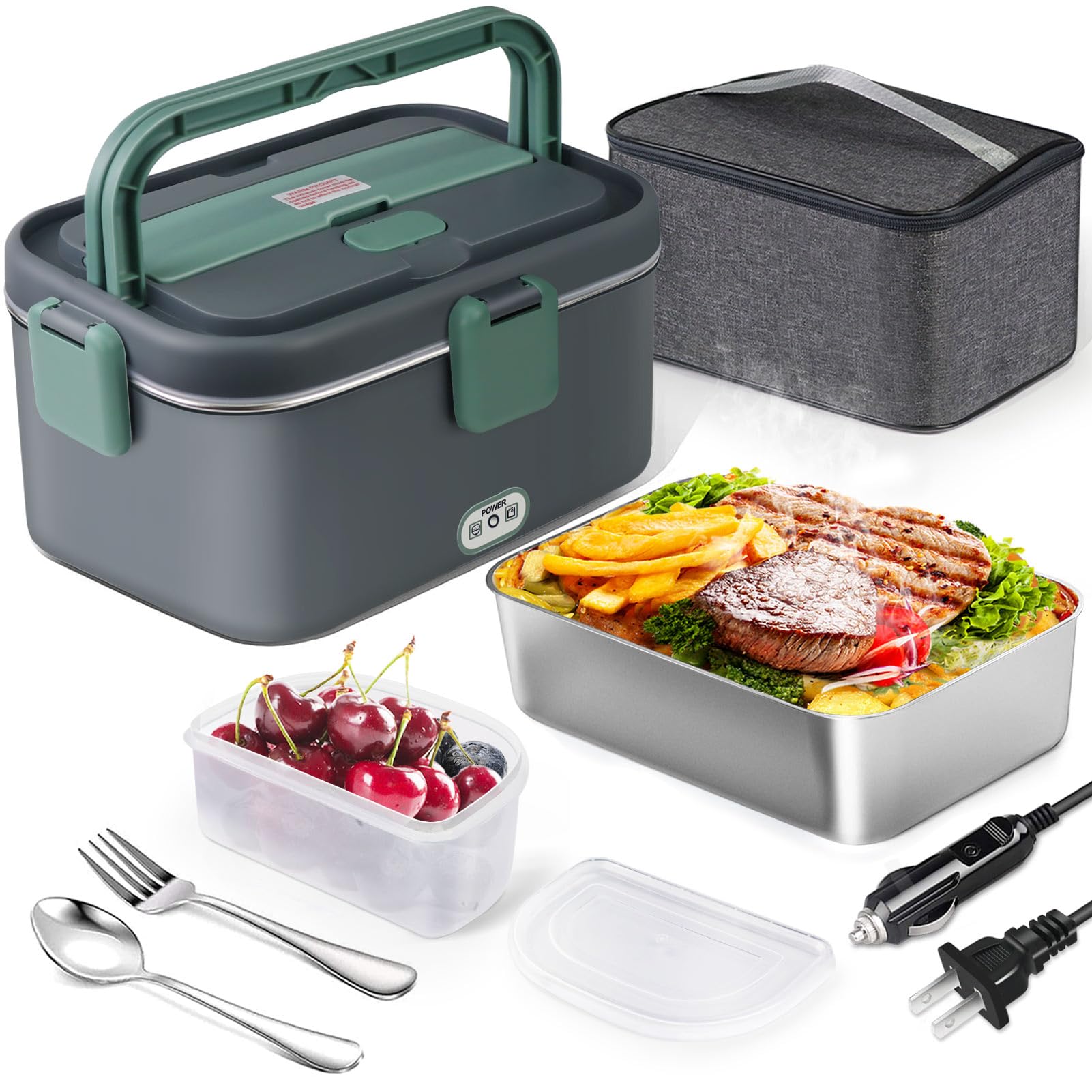 Photo 1 of AUTOPkio 1.8L Electric Lunch Box for Adults, 12V/24V/110V Portable Food Warmer with Carry Bag & Fork Spoon, 80W Fast Heating for Car, Truck, Office & Travel