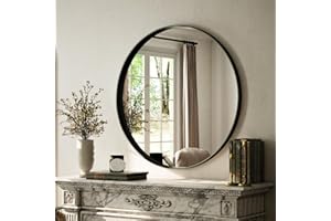 VooBang Round Bathroom Mirror 24 inch, Black Gorgeous Deep Frame Round Wall Mirror, Modern Round Bathroom Vanity Mirror for Bedroom, Living Room, Hanging or Leaning, Black