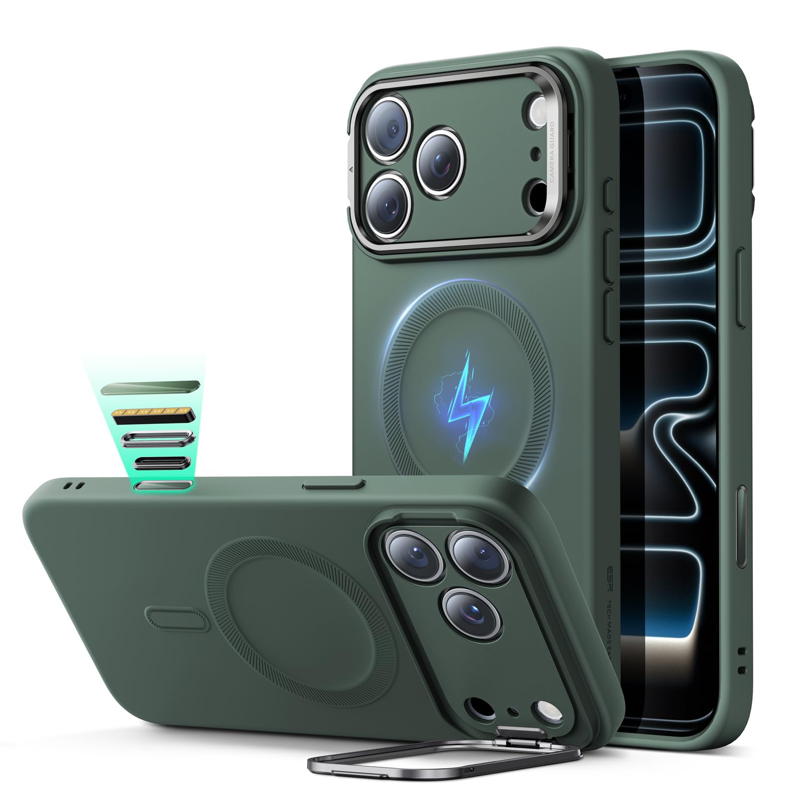 Photo 1 of ESR Silicone Case for iPhone 17 Pro, Built-in Camera Stash Stand Compatible with MagSafe, Military-Grade Drop Protection Magnetic Phone Case for iPhone 17 Pro, Cloud Series, Olive Green
